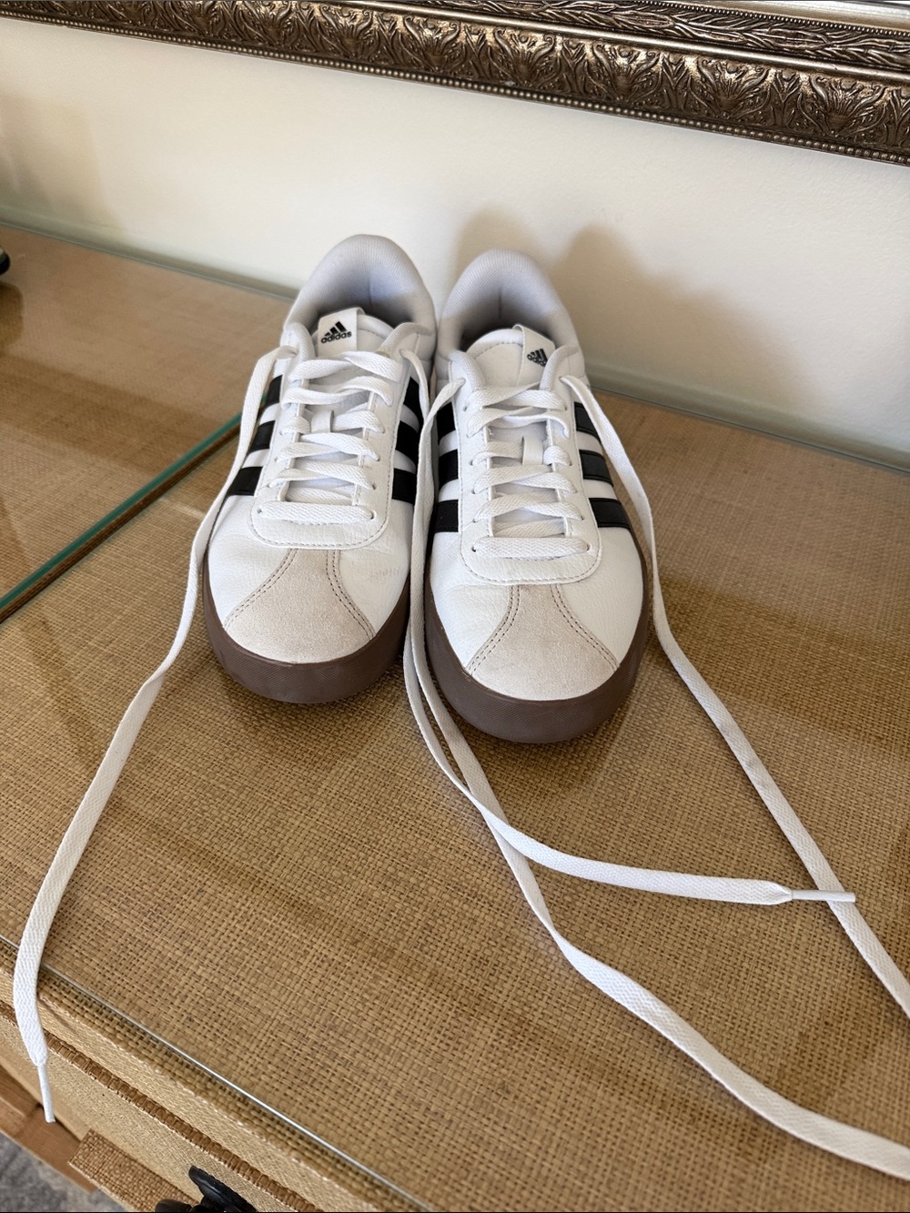 adidas White Sneakers with Black Stripes and Brown Gum Sole